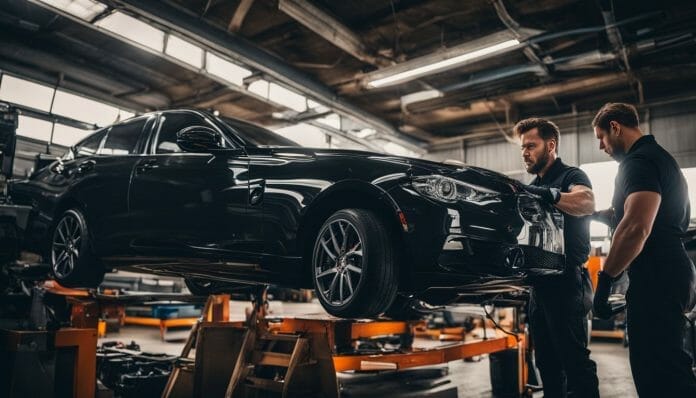 How Much Does It Truly Cost to Replace a Muffler? Two men working on a car in a garage.
