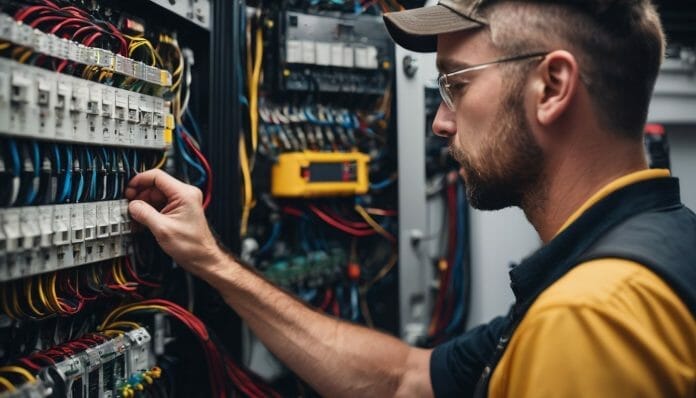 How Much Does It Cost to Replace an Electrical Panel: Understanding the Average Expenses A man is working on an electrical panel.